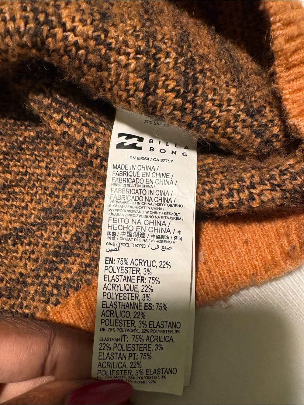 Billabong Orange and Black Tiger Stripe Cardigan - Picture 4 of 6